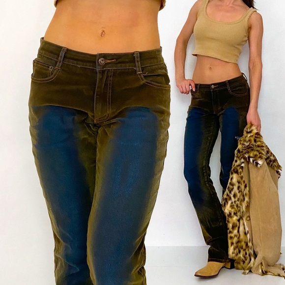 Route 66 Pants - Route 66 Brown Suede Blue Contrast Jeans Size 14 Coastal Cowgirl Y2K Denim